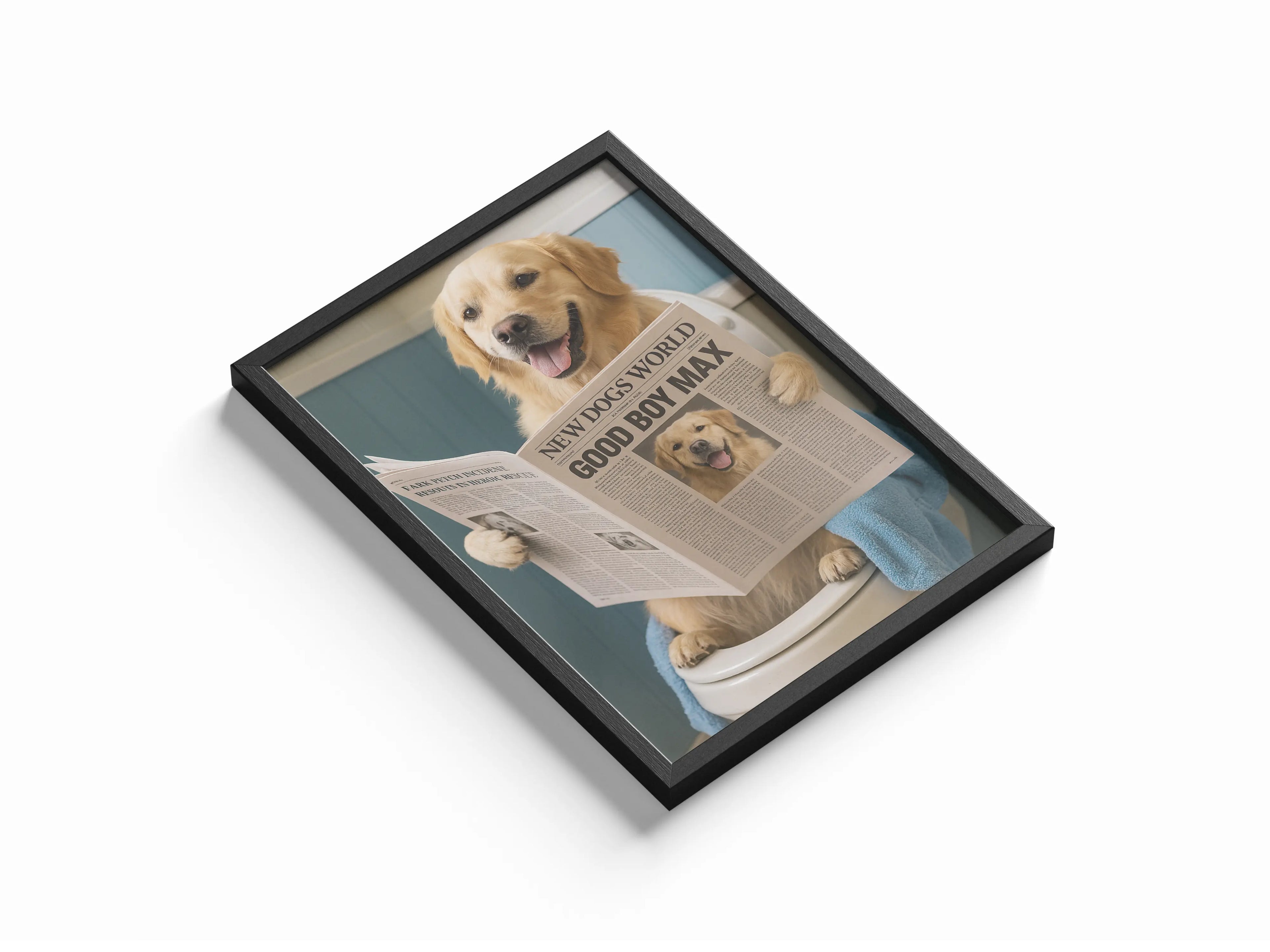 Custom Pet on Toilet with Newspaper Print Framory Prints